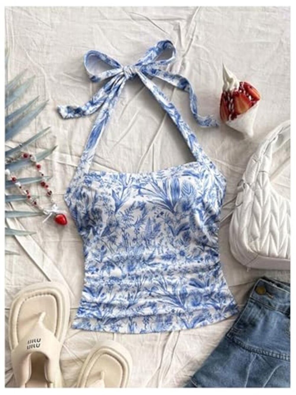 Women's Floral Print Halter Neck Crop Top Tie Backless Fitted Tank Shirt - Picture 5 of 5